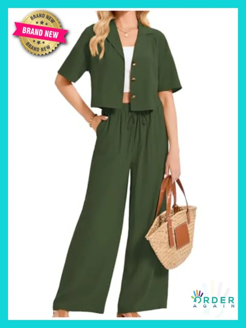 Linen 2 Piece Set Short Sleeve Shirt Wide Leg Pants Business Casual Matching Set